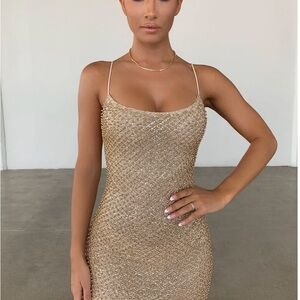 Oh Polly Drop a Glint Gold Glitter Mini Dress - US Size 4 / UK Size 8